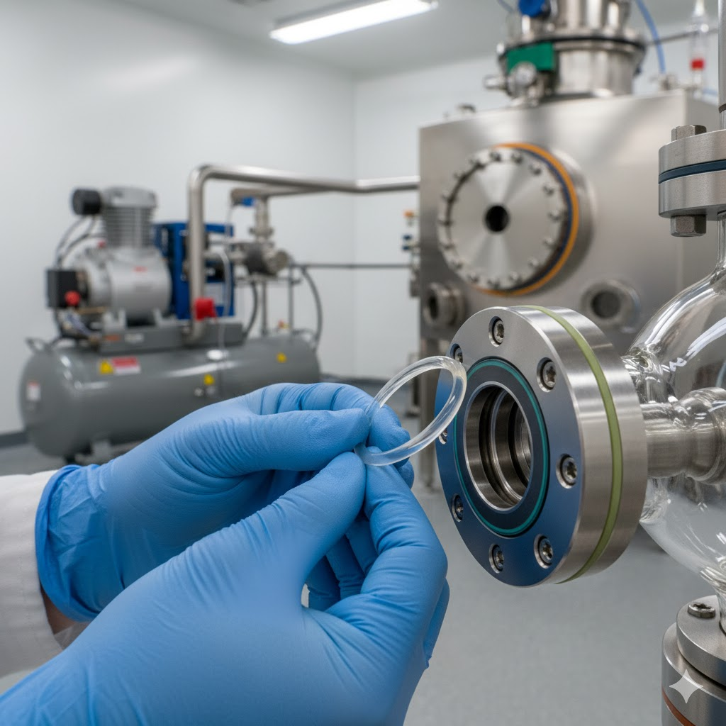 anel de silicone sendo posicionado em equipamento de laboratório